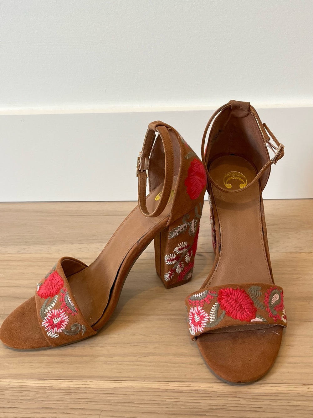 Brown Suede Floral Embroidered Block Heel Sandals - Women